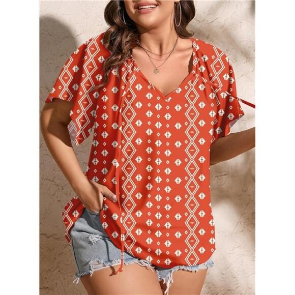Women Plus Size Tops Boho Printed V Neck Short Sleeve Drawstring Casual Chiffon - Picture 5 of 6